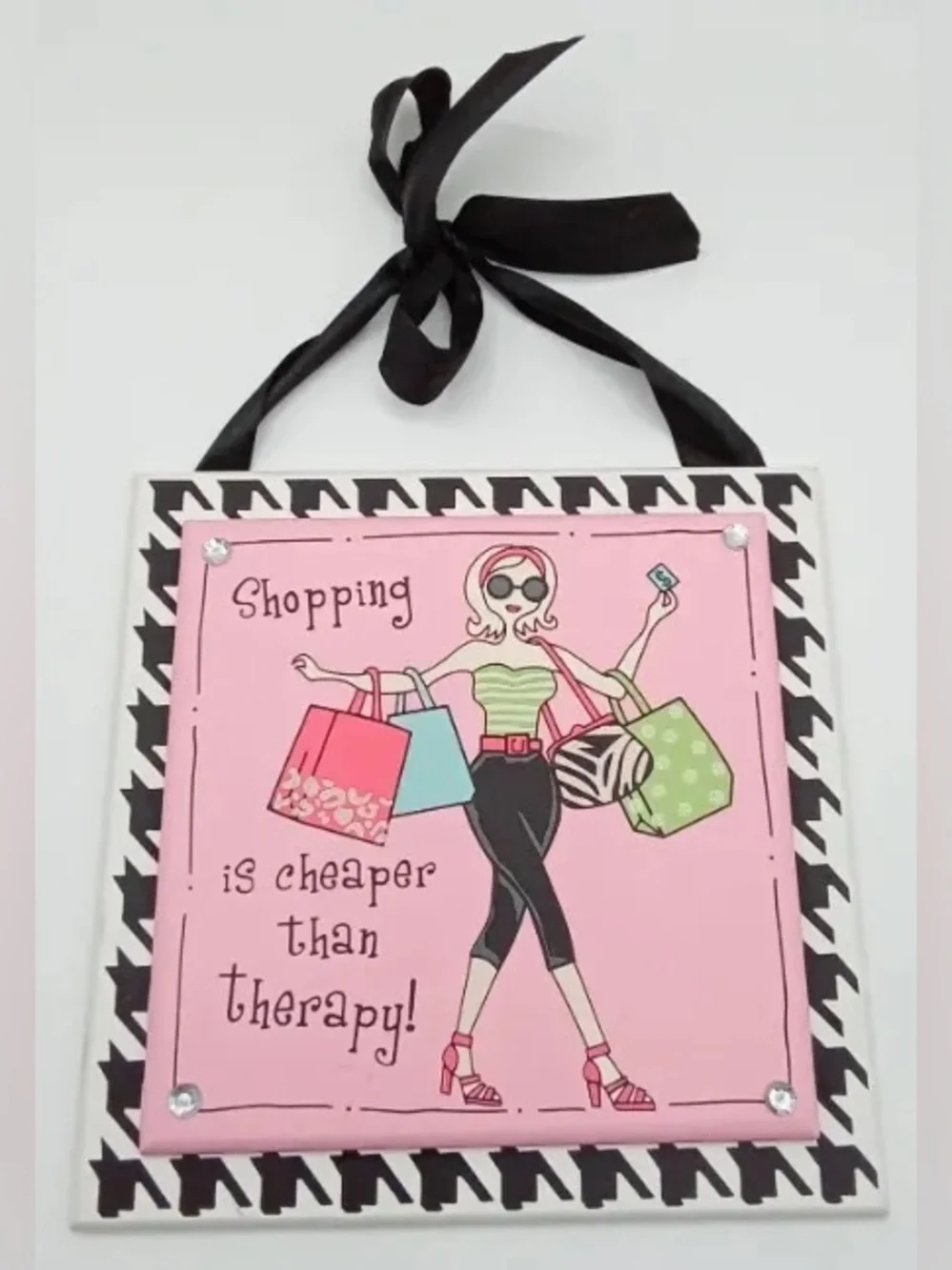 READ! Vintage Kitschy Curly Girly Pink Rhinestone Hanging Plaque Wall Decor